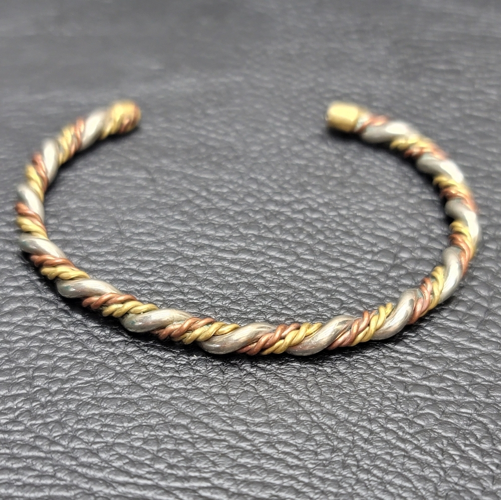 Tri-Metal Twisted Cuff Bracelet, Brass, Copper, Silver -Vintage, Estate, Artisan